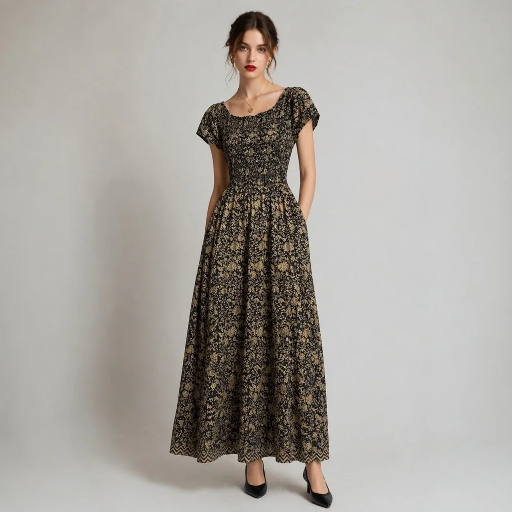Free People Ultraviolet Maxi Dress L Black Brown Floral Smocked Boho Whimsigoth - Picture 1 of 13